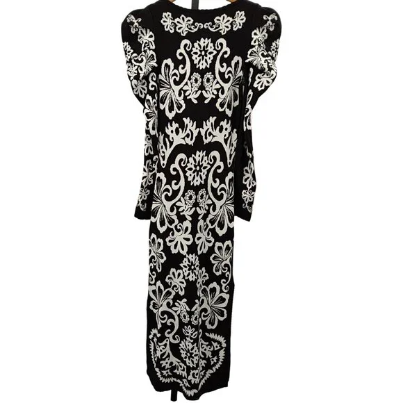 Farm Rio Cashew Mandala Knit Long Puff Sleeve Midi Dress in Black Size XXS New - Picture 4 of 6